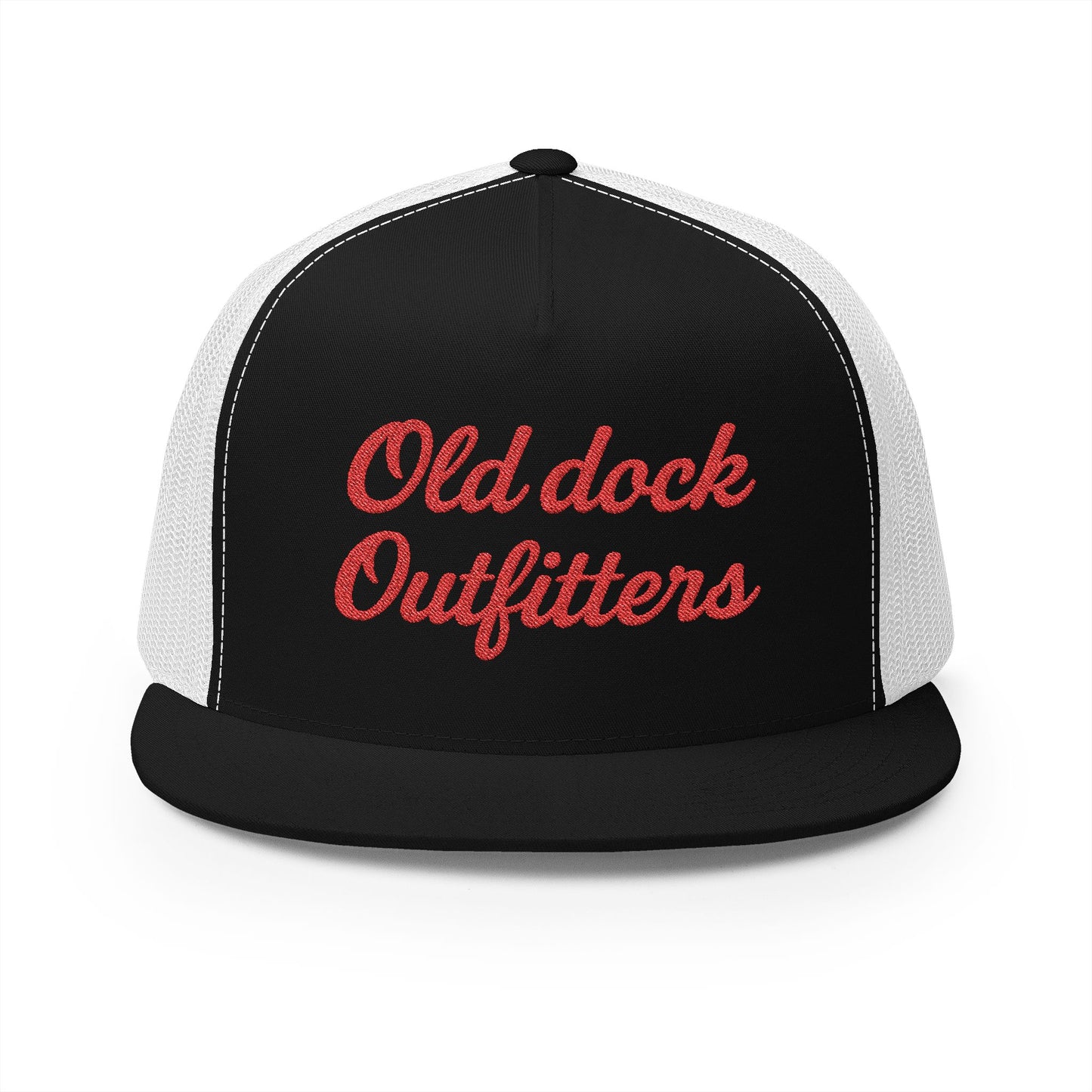 Red Script Old Dock Outfitters 5 Panel Trucker Cap
