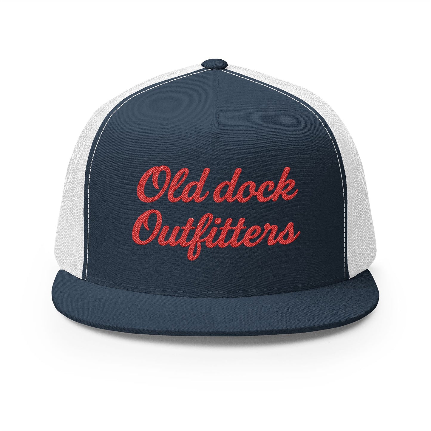 Red Script Old Dock Outfitters 5 Panel Trucker Cap