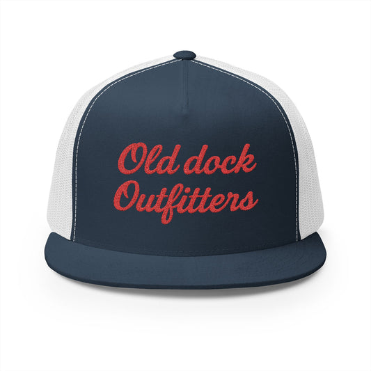 Red Script Old Dock Outfitters 5 Panel Trucker Cap