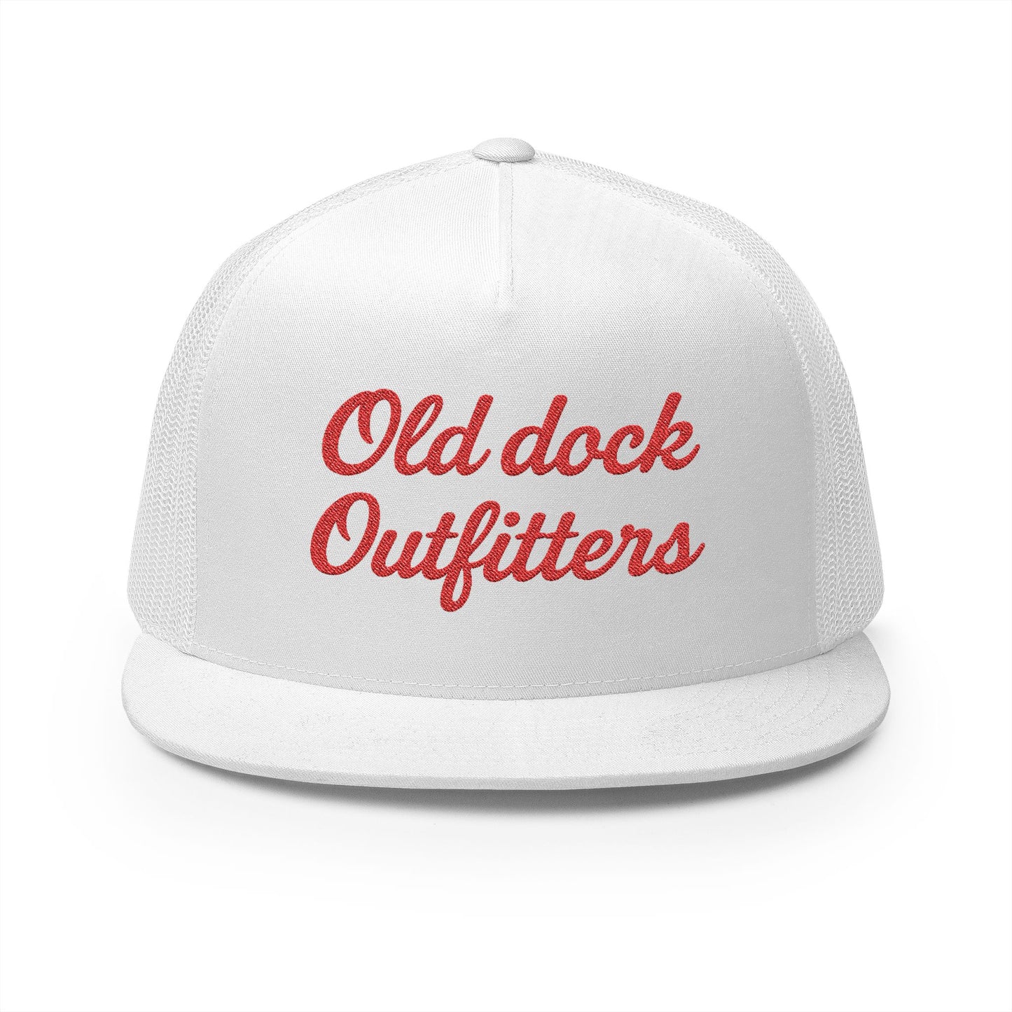 Red Script Old Dock Outfitters 5 Panel Trucker Cap
